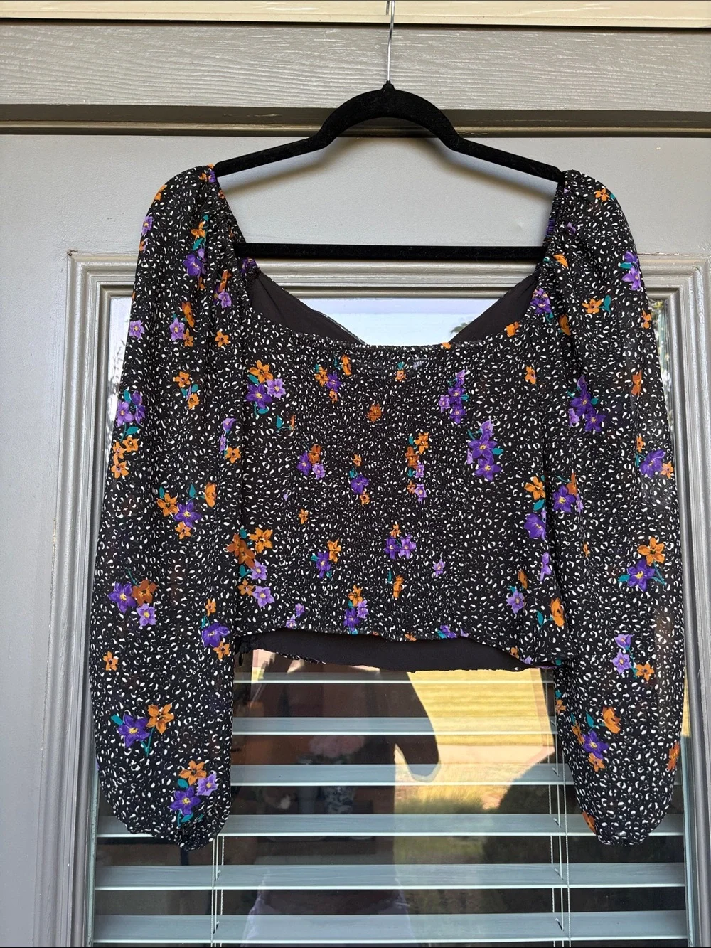 Astr Black Floral V-Neck Long Sleeve Blouse with Orange and Purple Accents